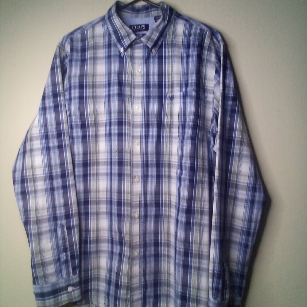 Chaps Shirt Men XL Button Down Long Sleeve Pocket Plaid Blue Green